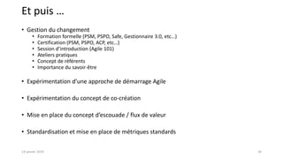 Et puis …
• Gestion du changement
• Formation formelle (PSM, PSPO, Safe, Gestionnaire 3.0, etc…)
• Certification (PSM, PSPO, ACP, etc…)
• Session d’introduction (Agile 101)
• Ateliers pratiques
• Concept de référents
• Importance du savoir-être
• Expérimentation d’une approche de démarrage Agile
• Expérimentation du concept de co-création
• Mise en place du concept d’escouade / flux de valeur
• Standardisation et mise en place de métriques standards
3414 janvier 2019
 