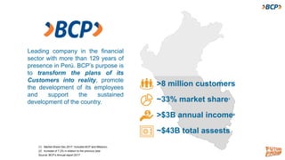2
(1) Market Share Dec 2017. Includes BCP and Mibanco.
(2) Increase of 7.2% in relation to the previous year.
Source: BCP’...
