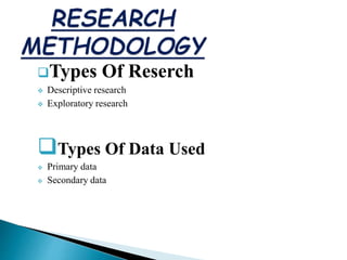 Types Of Reserch
 Descriptive research
 Exploratory research
Types Of Data Used
 Primary data
 Secondary data
 