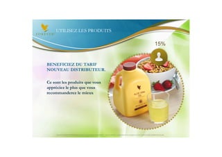 UTILISEZ LES PRODUITS

                                                                                                                                                                     15%


BENEFICIEZ DU TARIF
NOUVEAU DISTRIBUTEUR.

Ce sont les produits que vous
appréciez le plus que vous
recommanderez le mieux




     Document à USAGE INTERNE émis par Forever Living Products France 06/2012 – Toute modification ou détournement de ce support n’est pas autorisé et serait passible de poursuites.
 