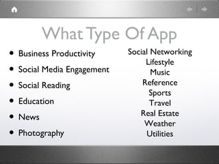 What Type Of App
• Business Productivity     Social Networking
                                 Lifestyle
• Social Media E...