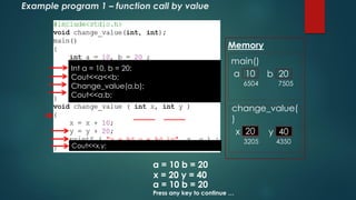Example program 1 – function call by value
Memory
main()
change_value(
)
a = 10 b = 20
x = 20 y = 40
a = 10 b = 20
Press any key to continue …
10a 20b
6504 7505
10x 20y
3205 4350
20 40
Int a = 10, b = 20;
Cout<<a<<b;
Change_value(a,b);
Cout<<a,b;
Cout<<x,y;
 