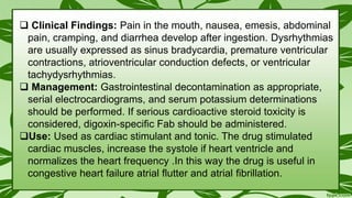  Clinical Findings: Pain in the mouth, nausea, emesis, abdominal
pain, cramping, and diarrhea develop after ingestion. Dysrhythmias
are usually expressed as sinus bradycardia, premature ventricular
contractions, atrioventricular conduction defects, or ventricular
tachydysrhythmias.
 Management: Gastrointestinal decontamination as appropriate,
serial electrocardiograms, and serum potassium determinations
should be performed. If serious cardioactive steroid toxicity is
considered, digoxin-speciﬁc Fab should be administered.
Use: Used as cardiac stimulant and tonic. The drug stimulated
cardiac muscles, increase the systole if heart ventricle and
normalizes the heart frequency .In this way the drug is useful in
congestive heart failure atrial flutter and atrial fibrillation.
 