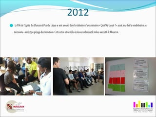 2012
Le Pôle de l’Egalité des Chances et Picardie Laïque se sont associés dans la réalisation d’une animation « Quoi Ma Gueule ? » ayant pour but la sensibilisation au
mécanisme«stéréotype-préjugé-discrimination».CetteactionatouchélesécolessecondairesetlemilieuassociatifdeMouscron.
 