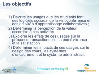 Les objectifs 1) Déc r ire les usages que les ét u diants font des logiciels sociaux, de la visioconférence et des activités d’apprentissage collaboratives ;  2) Déterminer la perception de la valeur accordée à ces activités 3) Explorer les effets de ces usages sur la pr és e nce transactionnelle, la pers évér a nce et la satisfaction  4) Dét e rminer les impacts de ces usages sur le design des cours, les systèm e s d ’ e ncadrement et le syst èm e  administratif. 