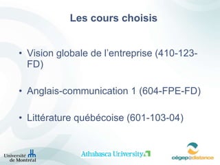 Les cours choisis Vision globale de l’entreprise (410-123-FD) Anglais-communication 1 (604-FPE-FD) Littérature québécoise (601-103-04) 