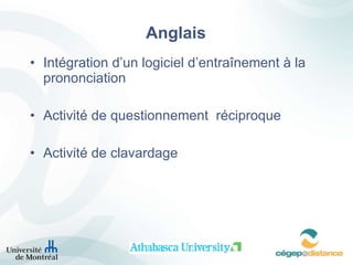   Anglais Intégration d’un logiciel d’entraînement à la prononciation Activité de questionnement  réciproque Activité de clavardage 