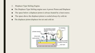 2. Displacer Type Stirling Engine.
■ The Displacer Type Stirling engine uses A power Piston and Displacer.
■ The space below a displacer piston is always heated by a heat source.
■ The space above the displacer piston is cooled always by cold air.
■ The displacer piston displaces hot air and cold air.
 