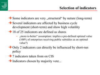 Selection of indicators Some indicators are very „structural“ by nature (long-term) Several indicators are affected by business cycle development (short-term) and show high volatility 18 of 25 indicators are defined as shares „ more-is-better“ assumption: implies a pre-defined optimal value (100% of enterprises receiving public subsidies as an optimal value?) Only 2 indicators can directly be influenced by short-run policy 7 indicators taken from on CIS Indicators chosen by majority vote... 