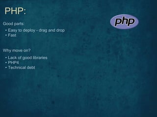 • Easy to deploy - drag and drop
• Fast
Good parts:
Why move on?
• Lack of good libraries
• PHP4
• Technical debt