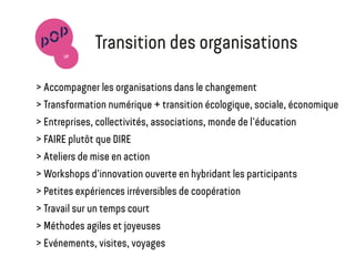 Travail de recherche, d'animation et
d'édition
Espace de veille, de rencontre,
d'expérimentation et de co-construction
Nouveaux outils, nouveaux contenus et
nouvelles méthodes pédagogiques en biens
communs
Expérimentations sur un domaine ou sur une
thématique : prototypage, tests en
situation, design de service, résidences de
production de matériel pédagogique
(pédagogue / maker / designer)
Laboratoire
de design pédagogique
 