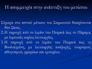 Η ασυμμετρία στην ανάπτυξη του μετώπου Σήμερα στο αστικό μέτωπο του Σαρωνικού διακρίνονται δύο ζώνες. Η   περιοχή από το λιμάνι του Πειραιά έως το Πέραμα, με λιμενικές κυρίως   λειτουργίες, Η  περιοχή από το λιμάνι του Πειραιά έως τη   Βουλιαγμένη, με λειτουργίες αναψυχής, τουρισμού, αθλητισμού,   γραφείων και εμπορίου. 