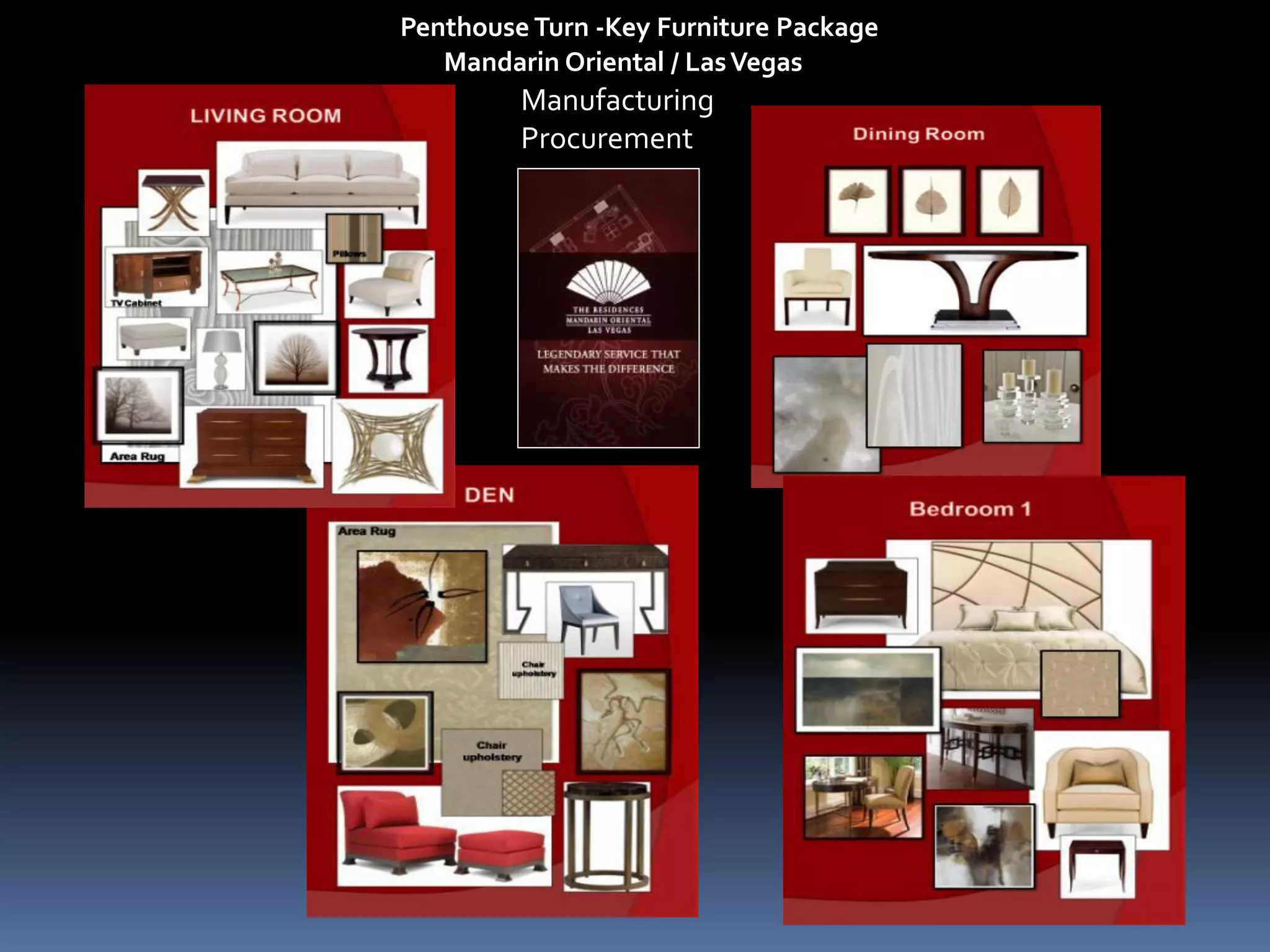 Luxury Penthouse Turn -Key Furniture Package
           Mandarin Oriental / Las Vegas
                 Manufacturing
                 Procurement
 