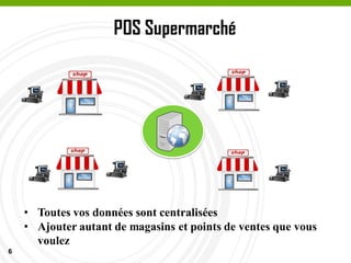 6
POS Supermarché
• Toutes vos données sont centralisées
• Ajouter autant de magasins et points de ventes que vous
voulez
 
