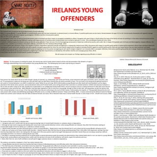 IRELANDSYOUNG
OFFENDERS
“
FINDINGS
Every person has needs which we aim to fulfil through a variety of channels, e.g. relationships with family and friends, social interactions with peers and adults, sports, education, jobs,
etc. If a young person’s needs are not being met, they will often seek out alternative channels that are easily accessible to them. This can result in the young person getting involved in
anti-social or criminal behaviour in an effort to satisfy their needs.”(Kelly, Ní Lao and Long, 2012) Unfortunately, young offenders are often faced with social problems such as stigma
attached to their family name, exclusion, special educational needs and ill mental health, prior, during and post their conviction or custodial sentence. Children who become involved in a
life of crime are often crying out for help, possibly due to deprivation or an undiagnosed mental health illness, and are turning to crime as a coping mechanism to deal with issues that are
unaddressed in their personal lives. Many offenders may have been exposed to a life of crime from a young age, through no fault of their own, and have grown up with the opinion that
their criminal behaviour is not an issue, in fact they may believe that they are conforming to the norm of their society. Unfortunately, the majority of “Young people detained by the Irish
state present with complex and debilitating psychological difficulties across a number of different domains” (Hayes and O'Reilly, 2007). A study conducted by the National Centre for Mental
Health and Juvenile Justice indicates that over 80% of detained females and nearly 70% of detained males have a mental health disorder in some shape or form. (Shufelt and Cocozza, 2006)
The results of this study (Chart 1) indicates that:-
 Youngsters who are in conflict with the law are experiencing high rates of mental health disorders or substance abuse or dependency.
 Although we have come a long way with dealing with many issues inside juvenile detention centres’, when young offenders are released, they often find themselves waiting an
unreasonable length of time for follow up or a referrals to relevant services.
 Mental health disorders are often dismissed when it comes to young offenders. People tend to have the attitude that it’s just a phase and the young offender will grow out of it.
 Sadly, you can't grow out of many mental health disorders. Likewise, parents often feel that they are doing something wrong if their child suffers from depression, perhaps they feel
that they have failed their child in not making their life happy and in this sense parents need to be taught that depression and other mental illness are not always caused by a difficult
up-bringing and there is no shame in seeking help for your child.
 The delay in receiving necessary treatment for ill-mental health or special educational needs has proved to be detrimental to their mental health which in turn can lead to a young offender
facing further social problems and having further conflict with the law due to his lack of self-confidence, self-worth, respect for authority and trust.
 More often than not, lack of self-confidence and self-worth trigger substance abuse or substance dependency.
The evidence and statistics displayed in Chart Two clearly indicates that:-
 Young offenders also tend to come from families that have a history of offending behaviours and difficulties within their educational institutions.
 The Chief Executive of Barnado’s, Anne Marie Carrie has stated that “Young people who offend are among the most vulnerable in society; a quarter have special
educational needs and almost a fifth have depression, yet children as young as 13 are sent back to families who can't cope and end up without a safe place to live.” (Hill, 2011)
 The correlation between disruptive behaviour in school and young offender’s crime rate seems evident.
 Those who are unable to conform to the norm within their educational institutions are more likely to engage in a life of crime.
 Respect for authority begins during the early developmental stage, where children learn to respect their parents, family members and teachers.
 Lack of respect for those in charge at a young age can and most likely will lead to failure to respect those who are of higher status again, for example people involved with the law.
INTRODUCTION
This research aims to examine the social determinants of youth offending.
What is a young offender? A young offender is a youthful guilty party who has been sentenced, or advised around, a criminal offense. A youthful guilty party can be male or female between the age of 12 to 18. Criminal equity frameworks will regularly manage
youthful guilty parties diversely to grown-up wrongdoers. (Children and the criminal justice system)
Why are Irish youths offending?
An investigation which was carried out found that poverty had an increased and direct impact on youngsters probability to offend. Youngsters who were living in a family where the head of the family unit was not working or in low status manual business and the
individuals who were experiencing childhood in groups with large amounts of hardships were fundamentally more inclined to take part in crime. (The Link Between Poverty & Crime, 2016).
Is Ireland’s childhood equity framework coming up short for young offenders? Near one out of 10 of all wrongdoings announced in Ireland are conferred by youths, with under-18s in charge of the greater part of all auto and bike burglaries, trespass offenses, fire
related crime, unlawful accumulations, firecrackers offenses, and thefts from the individual (McCarthaigh, 2016)
In a current garda open demeanor study in the republic of Ireland, respondants appraised juvenille wrongdoing as a noteworthy national issue (76%). Discoveries with respect to youthful guilty parties in Ireland will be examined. Minors have individual needs and
improvement needs which both should be met with a specific end goal to guarantee the minor the most obvious opportunity throughout everyday life.With regards to youthful guilty parties there are sure hazard factors that can help counteract and lessen
wrongdoing among youngsters.Hazard factors don't cause wrongdoing nor do they pardon wrongdoing yet with specific dangers targeted it can massively affect a youngster offending. Defenseless youthful guilty parties are in danger of genuine and long haul issues
on the grounds that the young equity framework is neglecting to help their requirements, as indicated by child welfare charities and campaign groups (Hara, 2013).
In this poster we will center around Ireland's youthful wrongdoers.
We will analyze and compare our findings regarding young offenders in Ireland.
BIBLIOGAPHY
Background to Youth Justice Reforms. (n.d.). Retrieved April 05, 2018,
from Department of Children and Youth Affairs:
https://www.dcya.gov.ie/docs/Background_to_Youth_Justice_Reforms/
161.htm
Hara, M. O. (2013, February 15). Youth justice system is 'failing
vulnerable young offenders'. Retrieved March 23, 2018, 20, from The
Guardian: https://www.theguardian.com/society/2013/feb/05/youth-
justice-failing-young-offenders
Hayes, D. and O'Reilly, D. (2007). Mental Health and Juvenile
Delinquency. [online] Drugsandalcohol.ie. Available at:
https://www.drugsandalcohol.ie/6264/1/Emotional_intelligence.pdf
[Accessed 4 Apr. 2018].
Hill, A. (2011). Young offenders leaving custody for life of homelessness
and reoffending. [online] the Guardian. Available at:
https://www.google.co.uk/amp/s/amp.theguardian.com/society/2011/f
eb/28/young-offenders-released-homelessness-crime
Kelly, E., Ní Lao, M. and Long, R. (2012). Working with young people
involved in the Juvenile Justice System. [online] Youth.ie. Available at:
http://www.youth.ie/sites/youth.ie/files/Chapter%208%20-
%20working%20with%20young%20people%20involved%20in%20the%2
0Juvenile%20Justice%20System%20-%20all%20Ireland_0.pdf [Accessed
7 Apr. 2018].
McCarthaigh, S. (2016, July 11). Children commit 9% of all recorded
crimes in Ireland. Retrieved March 15, 2018, from Irish Examiner:
https://www.irishexaminer.com/ireland/children-commit-9-of-all-
recorded-crimes-in-ireland-409542.html
Shufelt, J. and Cocozza, J. (2006). Youth with Mental Health Disorders in
the Juvenile Justice System: Results from a Multi-State Prevalence Stud.
[ebook] National Center for Mental Health and Juvenile Justice, p.4.
Available at: https://www.ncmhjj.com/wp-
content/uploads/2015/02/2006_Youth_with_Mental_Health_Disorders
_in_the_Juvenile_Justice_System.pdf [Accessed 11 Apr. 2018].
The Link Between Poverty & Crime. (2016, January 22). Retrieved April
01, 2018, from Criminal Law & Justice Weekly:
https://www.criminallawandjustice.co.uk/features/Link-Between-
Poverty-and-Crime.
Children and the criminal justice system. (n.d.). Retrieved April 12, 2018,
from Citizens Information:
http://www.citizensinformation.ie/en/justice/children_and_young_offe
nders/children_and_the_criminal_justice_system_in_ireland.html
“The most basic of all human needs is the need to understand and be
understood. The best way to understand people is to listen to them. They
may forget what you said, but they will never forget how you made
them feel.” - Aristotle (384-322 BC) Greek philosopher
Any Disorder Anxiety Disorder Disruptive Disorder Substance Abuse
0.00%
10.00%
20.00%
30.00%
40.00%
50.00%
60.00%
70.00%
80.00%
90.00%
Chart 1: Mental Health Disorders Amongst
Juvenile Offenders Both Male and Female
Male Female
Family Member With A Conviction Family Member Who Served a Jail
Sentence
Suspended From School Received Additional Help In School
0.00%
10.00%
20.00%
30.00%
40.00%
50.00%
60.00%
70.00%
80.00%
90.00%
100.00%
Chart 2: Characteristics of Juvenile Offenders
(Shufelt and Cocozza, 2006) (Hayes and O'Reilly, 2007)
Authors: Shauna Minnock & Shannen O’Connell
Method:- For the purpose of creating this poster, the internet was used to locate several research articles and documentation that allowed us to gain a
thorough understanding of the social problems that young offenders face. The following key-terms were used during our research:
• Young Offenders in Ireland
• Social Issues Faced by Young Offenders
• Juvenile Delinquency
• Ill-Mental Health and Young Offenders
• Youth Crime in Ireland
 