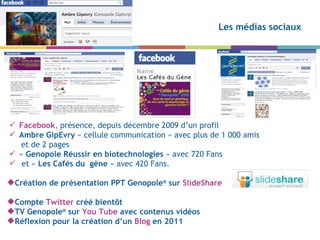 Les médias sociaux Facebook ,  présence, depuis décembre 2009 d ’un profil  Ambre GipEvry  « cellule communication » avec plus de 1 000 amis et de 2 pages  «  Genopole Réussir en biotechnologies  » avec 720 Fans et «  Les   Cafés du  gène  » avec 420 Fans. Création de présentation PPT Genopole ®  sur  SlideShare Compte  Twitter  créé bientôt  TV Genopole ®  sur  You Tube  avec contenus vidéos Réflexion pour la création d ’un  Blog  en 2011 