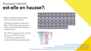Nous mangeons plus sucré,
salé et gras que jamais.
L’individu moyen consomme
8oz./ 237ml de sucre par jour.
Cela représente 48 cuillères à
café par jour !
En 1900, c’était environ 1,8 kilo
par an, en 1970, environ
11,8 kilos, et aujourd’hui,
environ 68 kilos par personne)
http://www.cdc.gov/nchs/fastats/diet.htm
http://www.fitness.gov/resource-center/facts-and-statistics/
http://healthyeating.sfgate.com/fda-recommended-sodium-intake-1873.html
http://www.cbsnews.com/news/cdc-80-percent-of-american-adults-dont-get-recommended-exercise/
Pourquoi l’obésité
est-elle en hausse?:
 