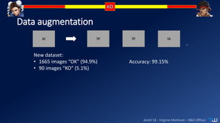 dotAI’18 - Virginie Mathivet – R&D Officer
Data augmentation
…
New dataset:
• 1665 images “OK” (94.9%)
• 90 images “KO” (5.1%)
Accuracy: 99.15%
 