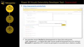 Power BI Visuals Extensibity Developer Tool- DeprecatedRétrospective
 https://app.powerbi.com/devTools
 Une première version DevTool de développement en ligne [très embryonaire
-style "playground“…] a d’abord été créée comme rampe de lancement lors d’un concours
Microsoft en septembre 2015 invitant les participants à soumettre leurs créations visuelles.
 