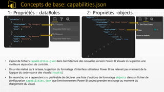 Concepts de base: capabilities.json
1- Propriétés - dataRoles 2- Propriétés -objects
• L’ajout de fichiers capabilities.json dans l’architecture des nouvelles version Power BI Visuals CLI a permis une
meilleure séparation de contrôle.
• On a vite réalisé qu’à la base, la gestion du formatage d’interface utilisateur Power BI ne relevait pas vraiment de la
logique du code source des visuels [visual.ts].
• En revanche, on a cependant cru préférable de déclarer une liste d'options de formatage objects dans un fichier de
configuration capabilities.json que l‘environnement Power BI pourra prendre en charge au moment du
chargement du visuel.
 
