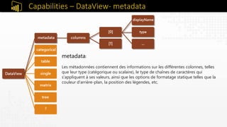 Capabilities – DataView- metadata
metadata:
Les métadonnées contiennent des informations sur les différentes colonnes, telles
que leur type (catégorique ou scalaire), le type de chaînes de caractères qui
s'appliquent à ses valeurs, ainsi que les options de formatage statique telles que la
couleur d'arrière-plan, la position des légendes, etc.
 