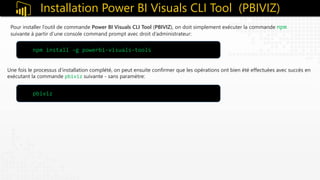 Installation Power BI Visuals CLI Tool (PBIVIZ)
npm install –g powerbi-visuals-tools
pbiviz
Pour installer l’outil de commande Power BI Visuals CLI Tool (PBIVIZ), on doit simplement exécuter la commande npm
suivante à partir d’une console command prompt avec droit d’administrateur:
Une fois le processus d’installation complété, on peut ensuite confirmer que les opérations ont bien été effectuées avec succès en
exécutant la commande pbiviz suivante - sans paramètre:
 