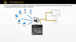 La suite d’outils Power BI permet déjà de transformer et d’analyser des données d’entreprise en riches composants visuels,
tels que des tableaux de bord et rapports interactifs.
Introduction
 