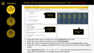 Power BI Visuals Extensibity Developer Tool- DeprecatedRetrospect
 Upper left screen used to include your visual TypeScript source code.
 Lower left screen used to include your visual CSS Stylesheet
 Main right screen to display the rendered visual when clicking on Compile & Run button..
 Finally the .pbiviz package compilation of the visual was performed by clicking on Export
button.
Some TypeScript features – as let and const – were not fully supported and the IDE did not
really offer any possibilities to manage external client libraries.
 
