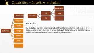 Capabilities – DataView- metadata
metadata:
The metadata provides information about the different columns, such as their type
(categorical or scalar), the type of string that apply to its value, and static formatting
options such as background color, legends layout position...
 