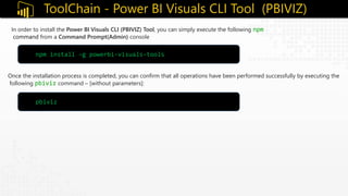 ToolChain - Power BI Visuals CLI Tool (PBIVIZ)
npm install –g powerbi-visuals-tools
pbiviz
In order to install the Power BI Visuals CLI (PBIVIZ) Tool, you can simply execute the following npm
command from a Command Prompt(Admin) console
Once the installation process is completed, you can confirm that all operations have been performed successfully by executing the
following pbiviz command – [without parameters]:
 