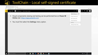 ToolChain - Local self-signed certificate
 Visual components viewing and testing can be performed live on Power BI
Online site: https://app.powerbi.com
 You must first select the Settings menu option.
 