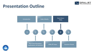1 2 3
Introduction
62
Real-Time Simulation,
Applications, & Solutions
3
Cyber Attacks
4
OPAL-RT Users
5
David Manz
PNNL
Question Period
 
