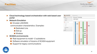 26
Facilities
Cloud technology based orchestration with web based user
portal
Network Emulation
Emulate LAN/WAN
communication characteristics. Examples:
Dedicated Line
Dial-up
Wireless
SCADA environments
Real equipment to model ~2 substations
Software simulation of dozens of SCADA equipment
Support for legacy communications
 