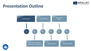 1 2 3 4 5
Introduction
Real-Time Simulation,
Applications, & Solutions
Cyber Attacks
OPAL-RT Users
David Manz
PNNL
4
Question Period
6
 