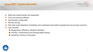 31
powerNET Testbed Benefits
Multi-user shared facility and equipment
Time and resource efficient
Dynamically configurable
Remote access
Test wide scale federation of testbeds and understand associated management and security concerns
User benefits:
Researchers: Efficiency, Realistic Sandbox
Industry: Conformance and Interoperability testing
Academia: Hands-on Education
 