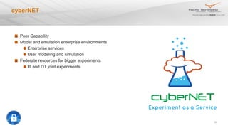 32
cyberNET
Peer Capability
Model and emulation enterprise environments
Enterprise services
User modeling and simulation
Federate resources for bigger experiments
IT and OT joint experiments
 
