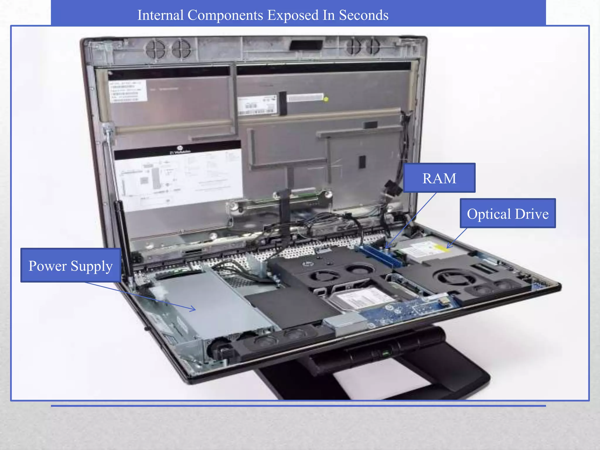 Internal Components Exposed In Seconds




                                                        RAM

                                                              Optical Drive


Power Supply
 