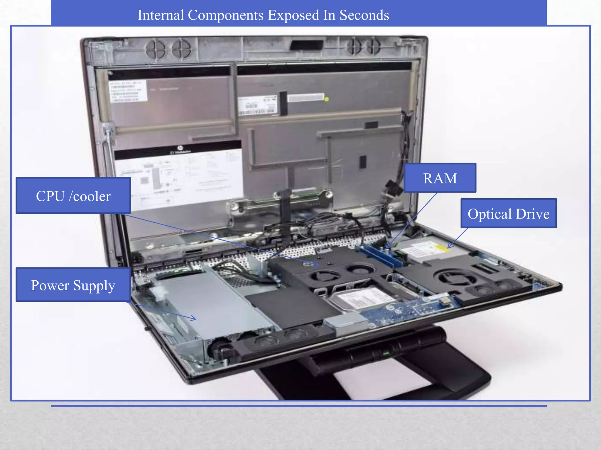 Internal Components Exposed In Seconds




                                                        RAM
CPU /cooler
                                                              Optical Drive



Power Supply
 