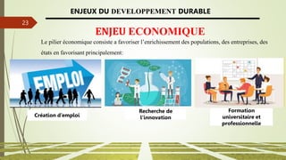 13/03/2024
23
ENJEUX DU DEVELOPPEMENT DURABLE
ENJEU ECONOMIQUE
Le pilier économique consiste a favoriser l’enrichissement des populations, des entreprises, des
états en favorisant principalement:
Création d’emploi
Recherche de
l’innovation
Formation
universitaire et
professionnelle
 