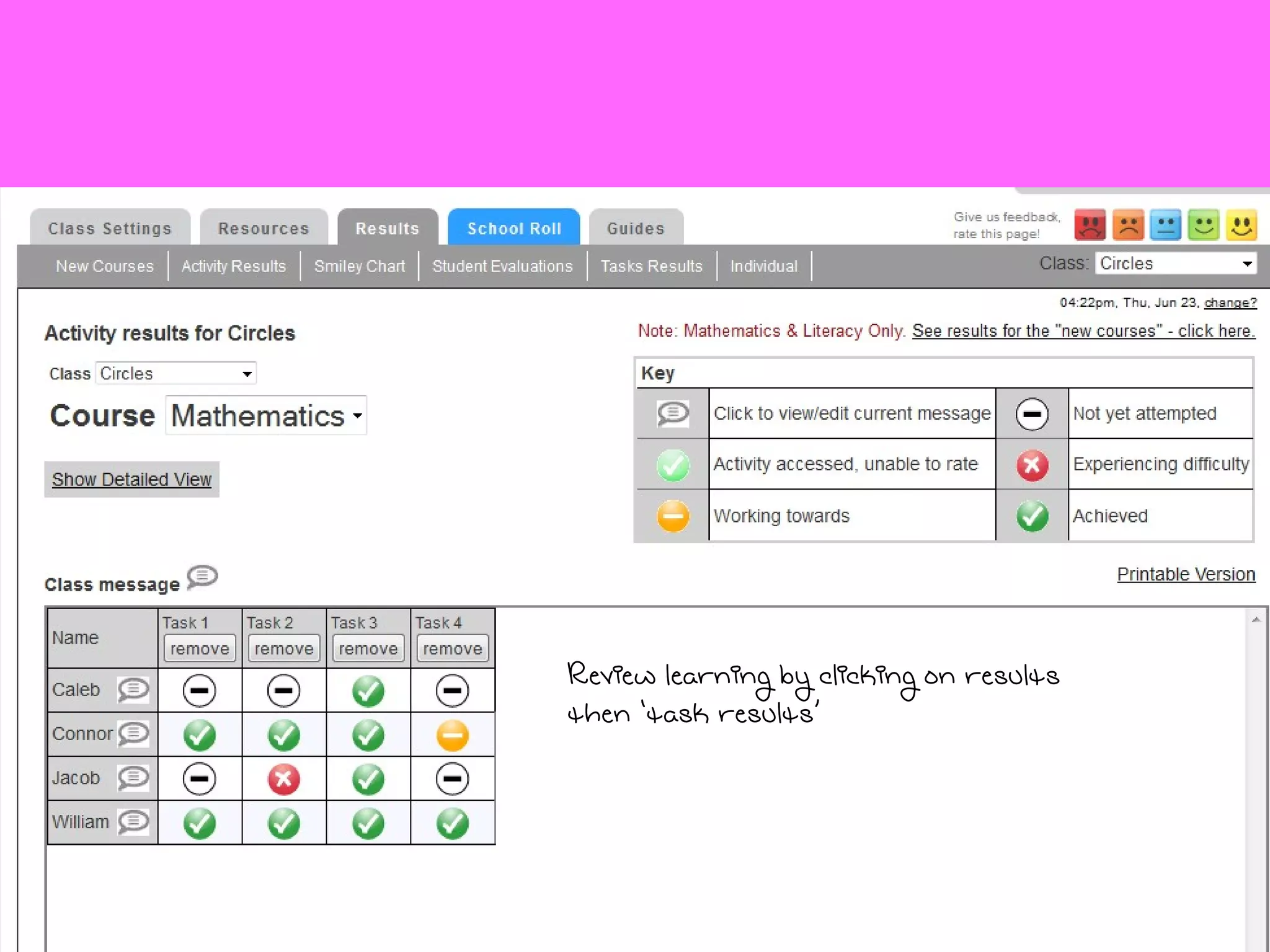 Review learning by clicking on results then ‘task results’ 