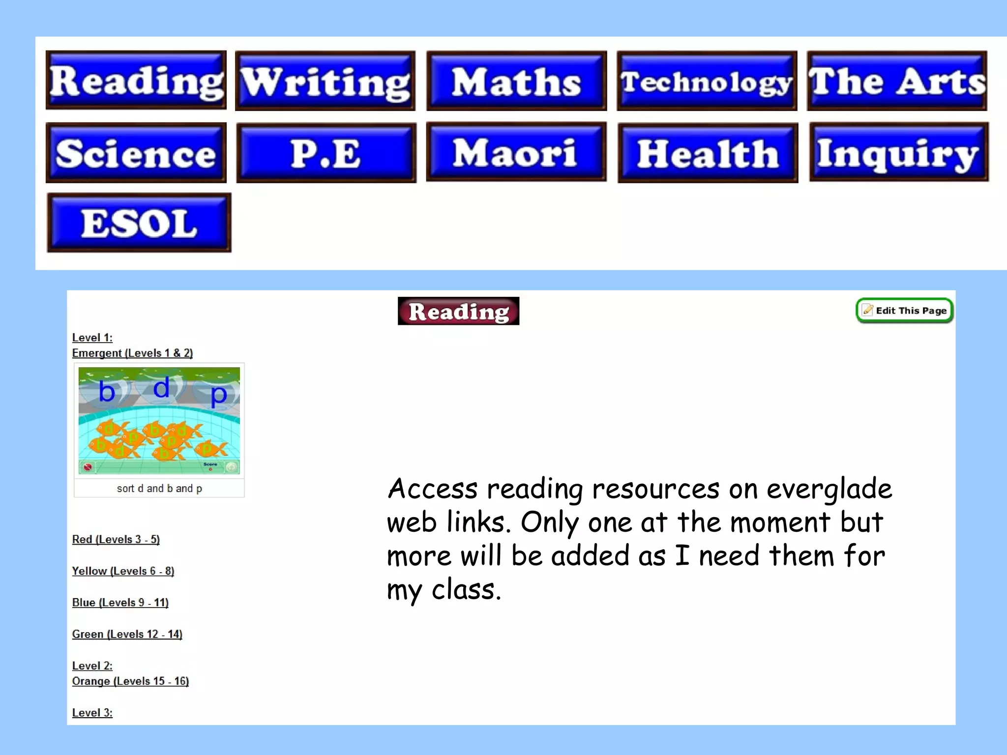 Access reading resources on everglade web links. Only one at the moment but more will be added as I need them for my class. 