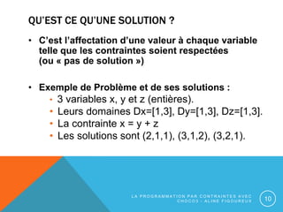 QU’EST CE QU’UNE SOLUTION ?
• C’est l’affectation d’une valeur à chaque variable
telle que les contraintes soient respect...