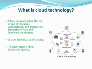 What is cloud technology?
 Cloud computing handles the
group of resources
automatically and dynamically
through software and
hardware via internet.
 It is an individual user’s device.
 The next stage is about
internet evolution.
 