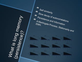 Self similaritySlow decay of autocorrelationsPersistence and InformationA Martingale Process, Stationarity and EMH.What is long memory (persistence)?