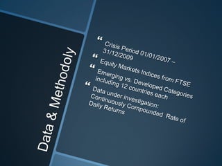 Data & MethodolyCrisis Period 01/01/2007 – 31/12/2009Equity Markets Indices from FTSEEmerging vs. Developed Categories including 12 countries eachData under investigation: Continuously Compounded  Rate of Daily Returns