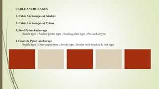 - CABLE ANCHORAGES
1. Cable Anchorages at Girders
2. Cable Anchorages at Pylons
3. Steel Pylon Anchorage
Saddle type ; Anchor girder type ; Bearing plate type ; Pin socket type
4 Concrete Pylon Anchorage
Saddle type ; Overlapped type ; Inside type ; Insider with bracket & link type
11
 