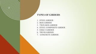 8
TYPES OF GIRDERS
1. STEEL GIRDER
2. BOX GIRDER
3. TWIN BOX GIRDER
4. STEEL COMPOSITE GIRDER
5. EDGE I GIRDER
6. TRUSS GIRDER
7. CONCRETE GIRDER
 