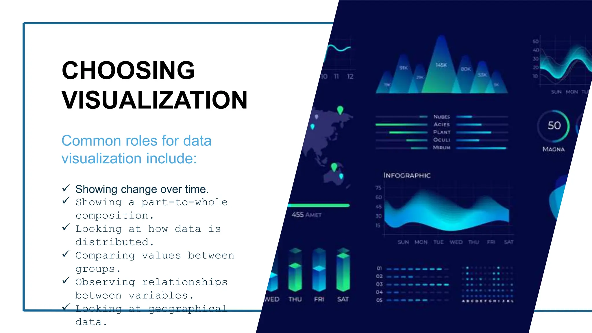 CHOOSING
VISUALIZATION
Common roles for data
visualization include:
 Showing change over time.
 Showing a part-to-whole
composition.
 Looking at how data is
distributed.
 Comparing values between
groups.
 Observing relationships
between variables.
 Looking at geographical
data.
 