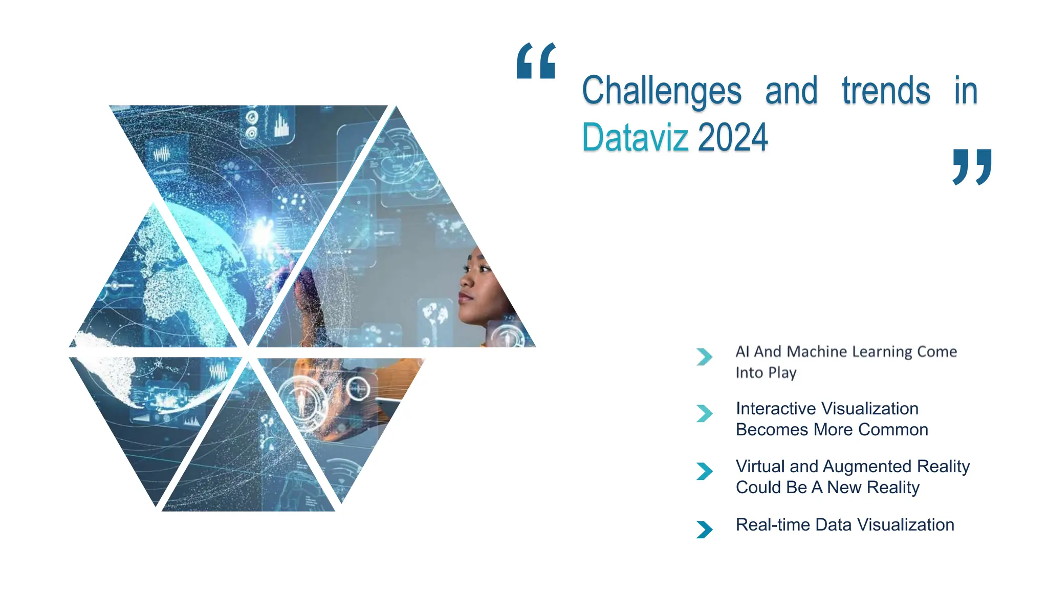 Challenges and trends in
Dataviz 2024
Interactive Visualization
Becomes More Common
Virtual and Augmented Reality
Could Be A New Reality
Real-time Data Visualization
 