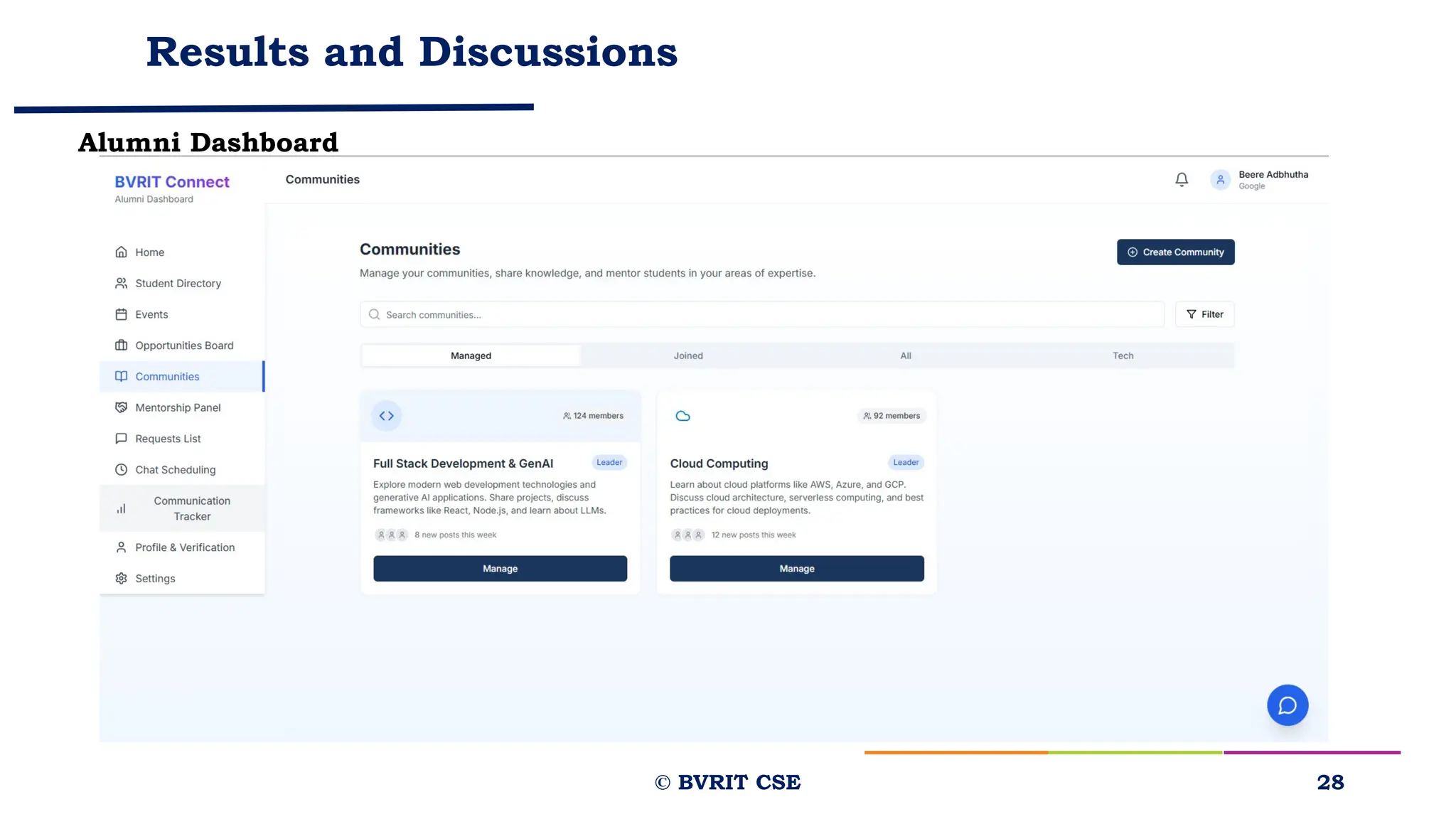Results and Discussions
28
© BVRIT CSE
Alumni Dashboard
 